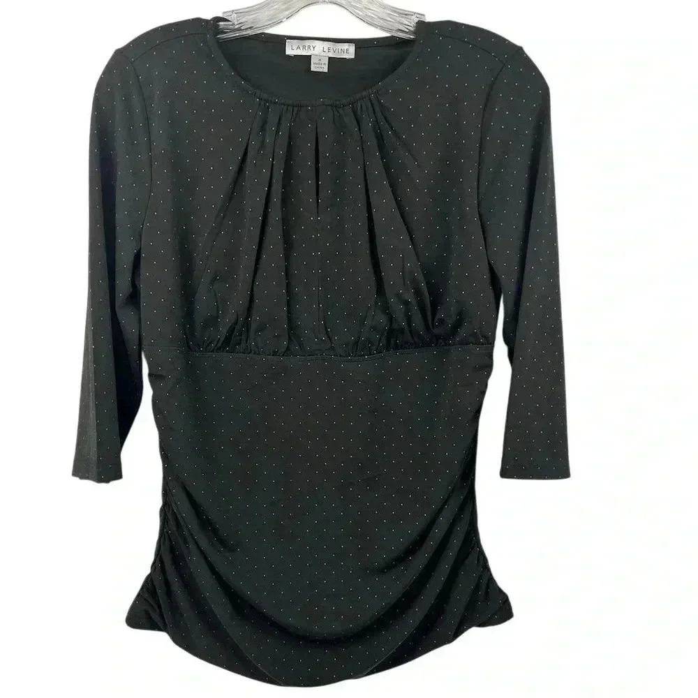 Larry Levine Women's M Black Polka Dot Blouse Flowy Keyhole Gathered Sides